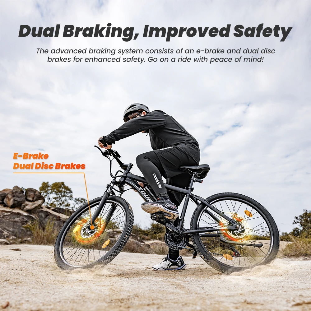 Touroll U1 26-inch Off-Road Tire Electric MTB Bicicletă cu 250W Motor, 36V 13Ah Baterie detașabilă, Max 65km Range, Shimano 21-speed Gear Shimano 21-Speed Disc Brake IPX4 rezistent la apă - Negru