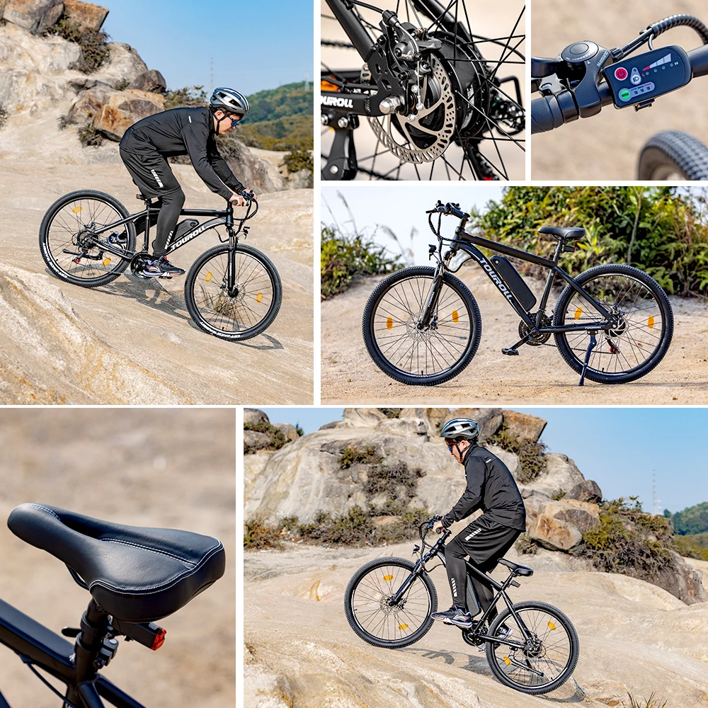Touroll U1 26-inch Off-Road Tire Electric MTB Bicicletă cu 250W Motor, 36V 13Ah Baterie detașabilă, Max 65km Range, Shimano 21-speed Gear Shimano 21-Speed Disc Brake IPX4 rezistent la apă - Negru