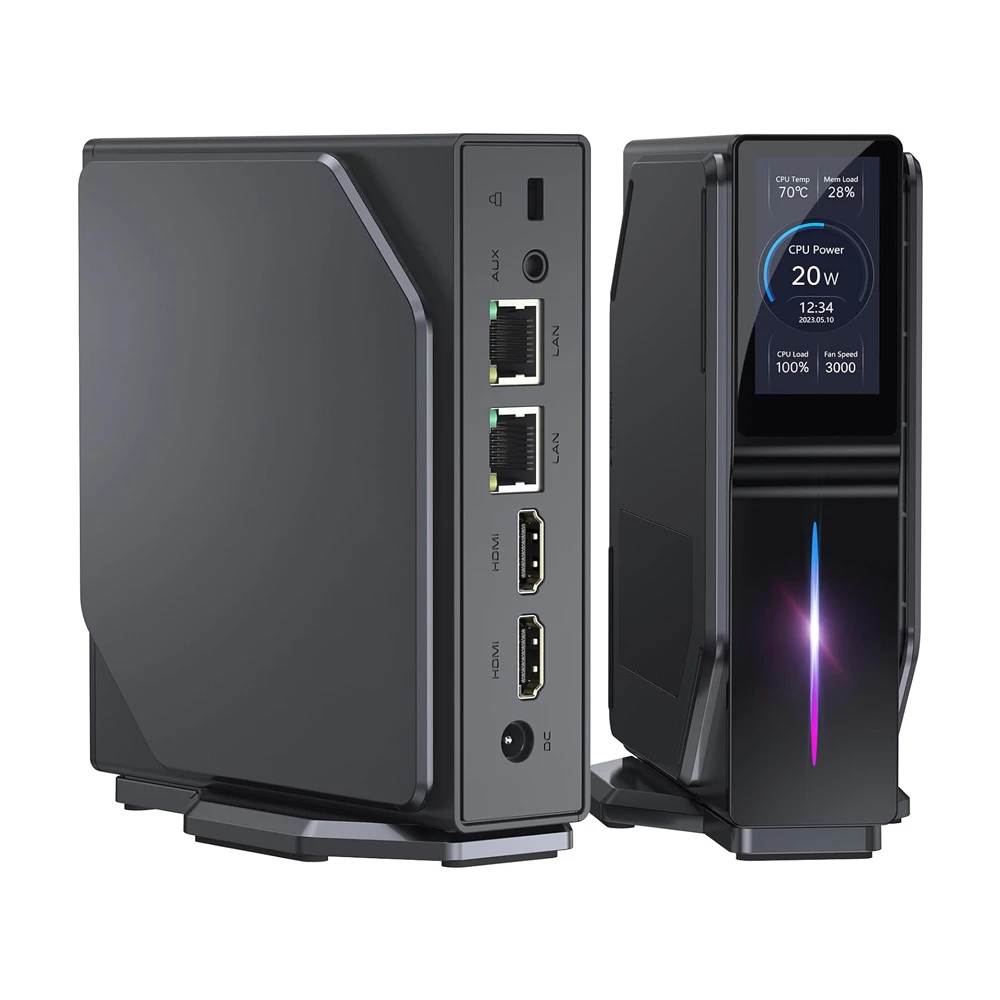 (2024升级版) OUVIS S1迷你电脑，液晶屏RGB灯，Intel Alder Lake N95 4核高达3.4GHz，16GB RAM 512GB SSD，2*HDMI 2.0 4K高清双显，WiFi 5蓝牙4.2，2*USB 3.0 2 *USB 2.0 2*RJ45 - 欧规插头