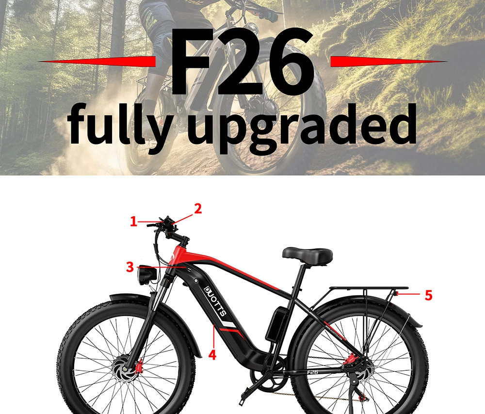 DUOTTS F26 Mountain Bike Elettrica 750W*2 Doppi Motori Batteria Samsung 48V 20Ah Pneumatici Fat 26*4.0 Pollici Velocità Massima 55Km/h Salita a 55 Gradi Display a Colori Intelligente APP Doppi Freni a Disco Carico Massimo 150KG Autonomia 100KM - Nero