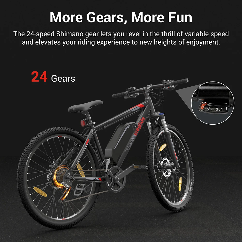 Eleglide M2 29” Electric Moped Bike 250W Motor 36V 15Ah Battery 125km Max Range Hydraulic Disc Brakes Smart LCD Display Smart App, Premium Suspension with Lockout, 24 Gears - Black