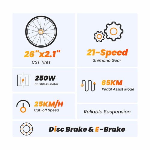 Tourol U1 26 colių visureigio padangos elektrinis MTB dviratis su 250 W varikliu, 36 V 13 Ah nuimama baterija, maksimalus 65 km nuotolis, Shimano 21 greičio pavara Shimano 21 greičio diskinis stabdys IPX4 atsparus vandeniui – juodas