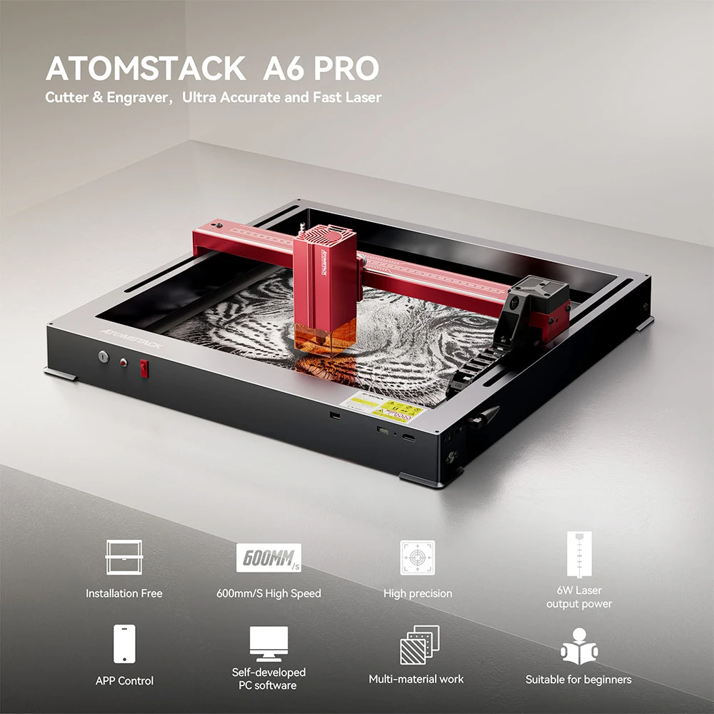 ATOMSTACK A6 Pro 6W Laser Engraver Cutter, Fixed Focus, 0.02mm Engraving Precision, 600mm/s Engraving Speed, 32-bit Motherboard, Cross Laser Positioning, App Control, 365x305mm