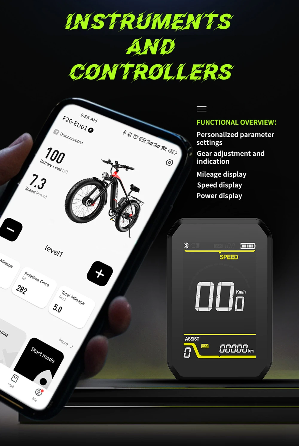 Bicicletă electrică de munte DUOTTS F26 750W*2 motoare duble 48V 20Ah Baterie 26*4.0 inci Anvelope grase 55 km/h Viteză maximă 55 grade Urcare Smart Color Display Frâne duble cu disc Absorbție șoc 150 kg Sarcină maximă 100 km - negru