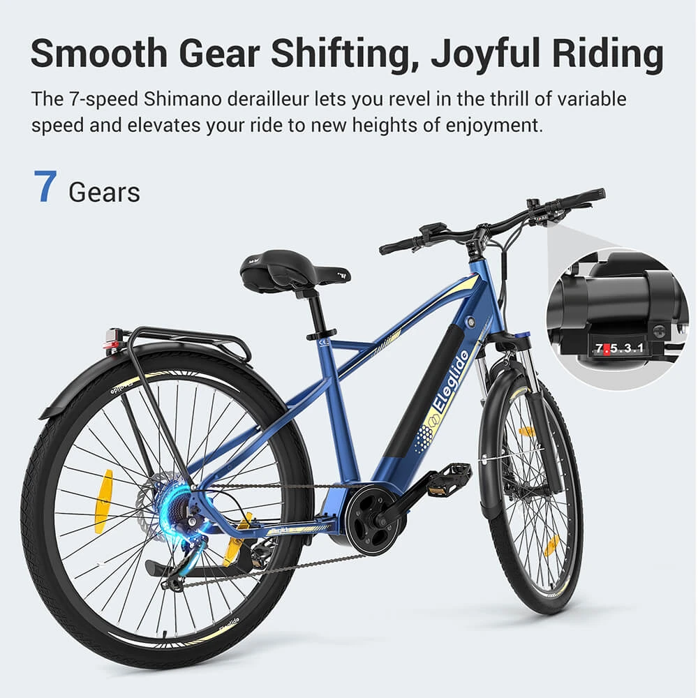 Bicicleta de trekking Eleglide C1 de 27.5 inchi cu motor Ananda 250 W, baterie de 14.5 Ah, autonomie maximă 150 km, suspensie hidraulică &; frane cu disc hidraulice Shimano 7 Gears - Albastru