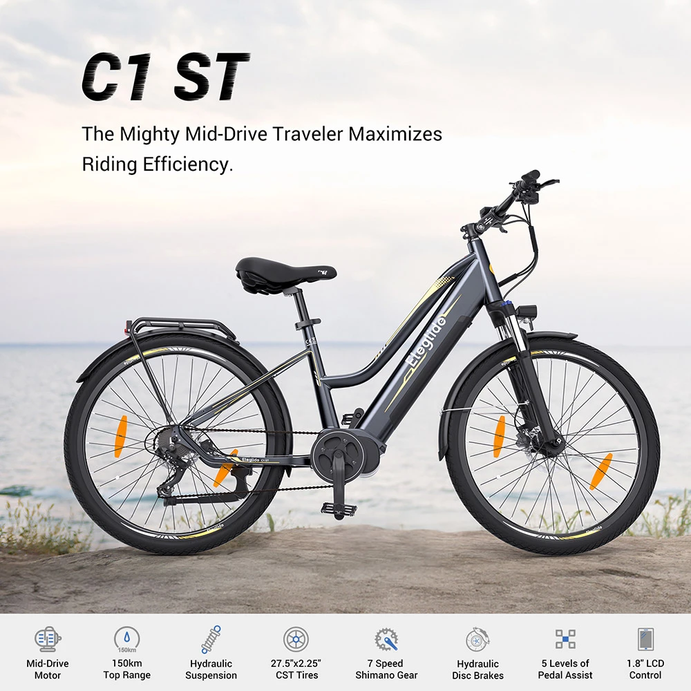 Bicicleta de trekking Eleglide C1 ST de 27.5 polegadas com motor Ananda Mid-Drive de 250 W, bateria de 14.5 Ah, alcance máximo de 150 km, suspensão hidráulica e freios a disco hidráulicos Shimano 7 marchas - preta