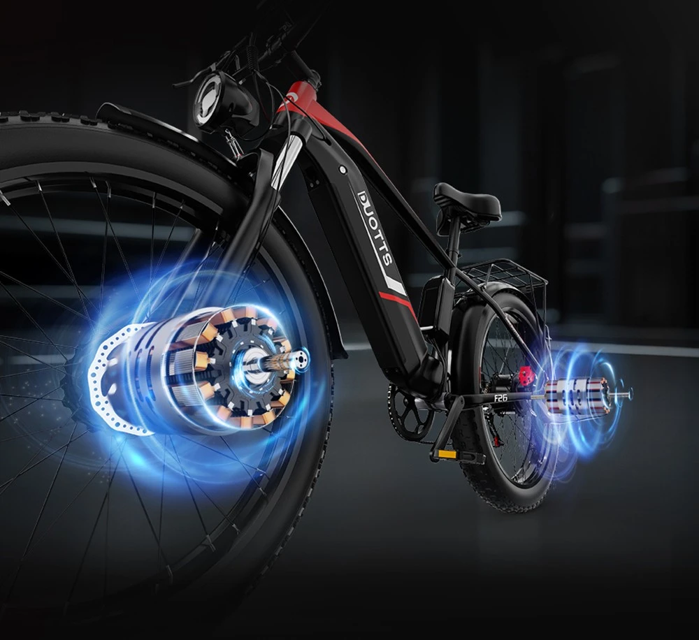 Bicicletă electrică de munte DUOTTS F26 750W*2 motoare duble 48V 20Ah Baterie 26*4.0 inci Anvelope grase 55 km/h Viteză maximă 55 grade Urcare Smart Color Display Frâne duble cu disc Absorbție șoc 150 kg Sarcină maximă 100 km - negru