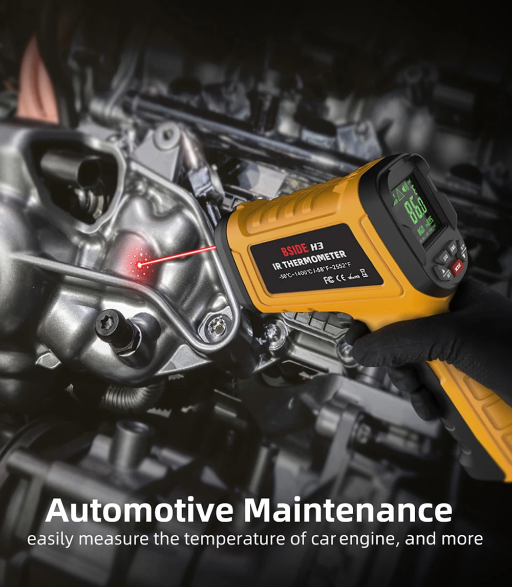 BSIDE H3 Infrared Thermometer Gun, -58℉—2552℉ Non-contact Handheld Digital Laser Industrial Temperature Measuring Tester, Yellow, No Battery