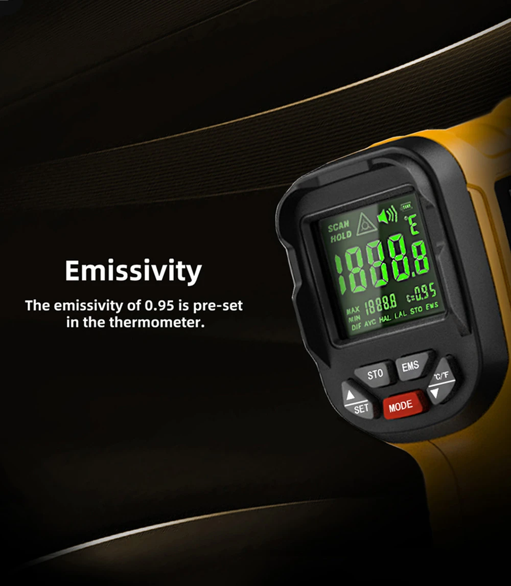 BSIDE H3 Infrared Thermometer Gun, -58℉—2552℉ Non-contact Handheld Digital Laser Industrial Temperature Measuring Tester, Yellow, No Battery