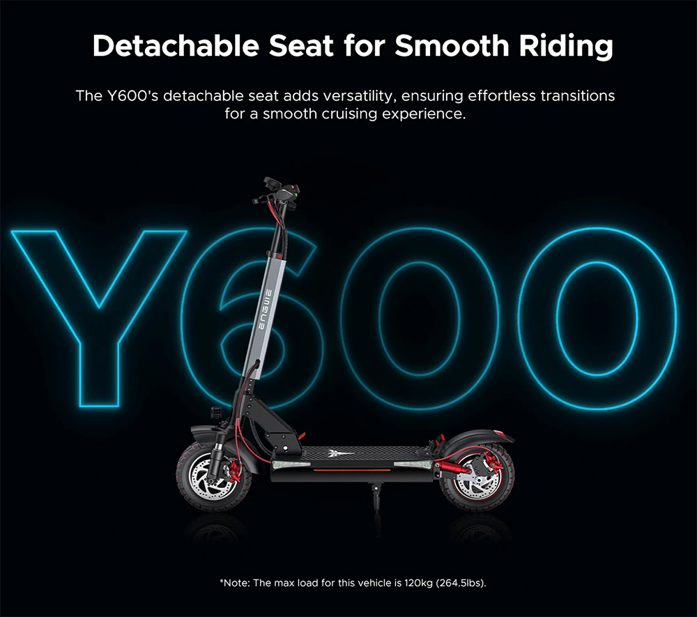 ENGWE Y600 Electric Scooter, 600W Motor, 48V 18.2Ah Battery, 10*4-inch Fat Tires, 25km/h Max Speed, 70km Range, Mechanical Disc Brake, Detachable Seat