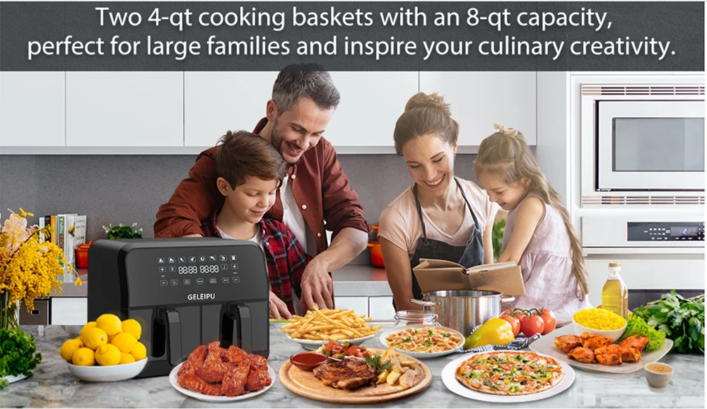 GELEIPU DL28 8 Quarts Air Fryer, 8 Cooking Presets, Dual Nonstick & Dishwasher-safe Basket, 5mins Auto Off, 1700W Power, Air Fry, Roast, Bake, Dehydrate, Digital Touchscreen - Black