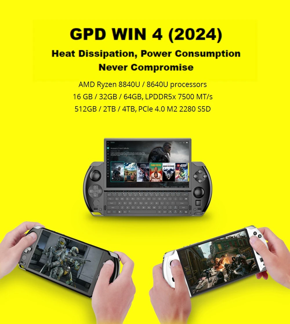GPD Win 4 (2024) 6-inch Handheld Game Laptop,  AMD Ryzen 7 8840U, 8 Cores Up to 5.1GHz, 32GB RAM 2TB SSD, WiFi 6 Bluetooth 5.2, 1*USB 4 1*Full-featured USB-C 1*Charing Only USB-C 1*Oculink 3*USB 3.2 1*HDMI 1*MicroSD Slot 1*RJ45 - EU Plug