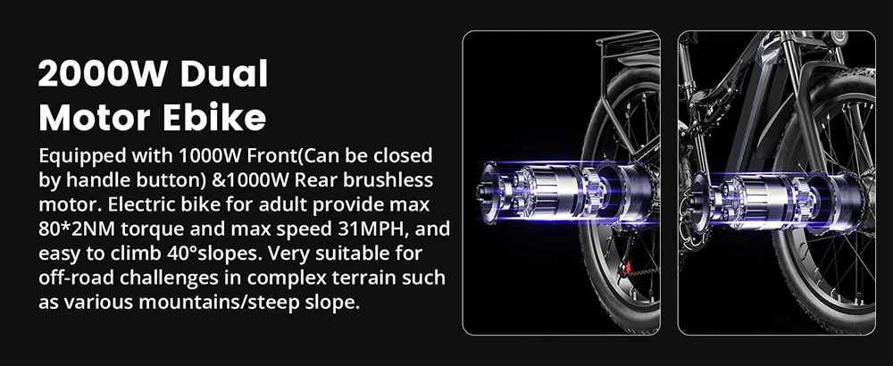 GUNAI GN68 Electric Bike, 2*1000 Motor, 48V 17.5Ah Battery, 26*3.0-inch Fat Tires, 50km/h Max Speed, 60miles Max Range, Shimano 7 Speed, Mechanical Disc Brake
