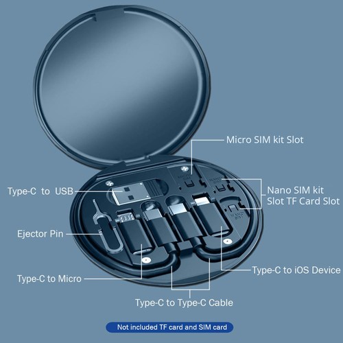 Portable USB Cable Case, USB Type-C Converter Adapter Data Transfer Cable Kit, SIM Card Storage Case