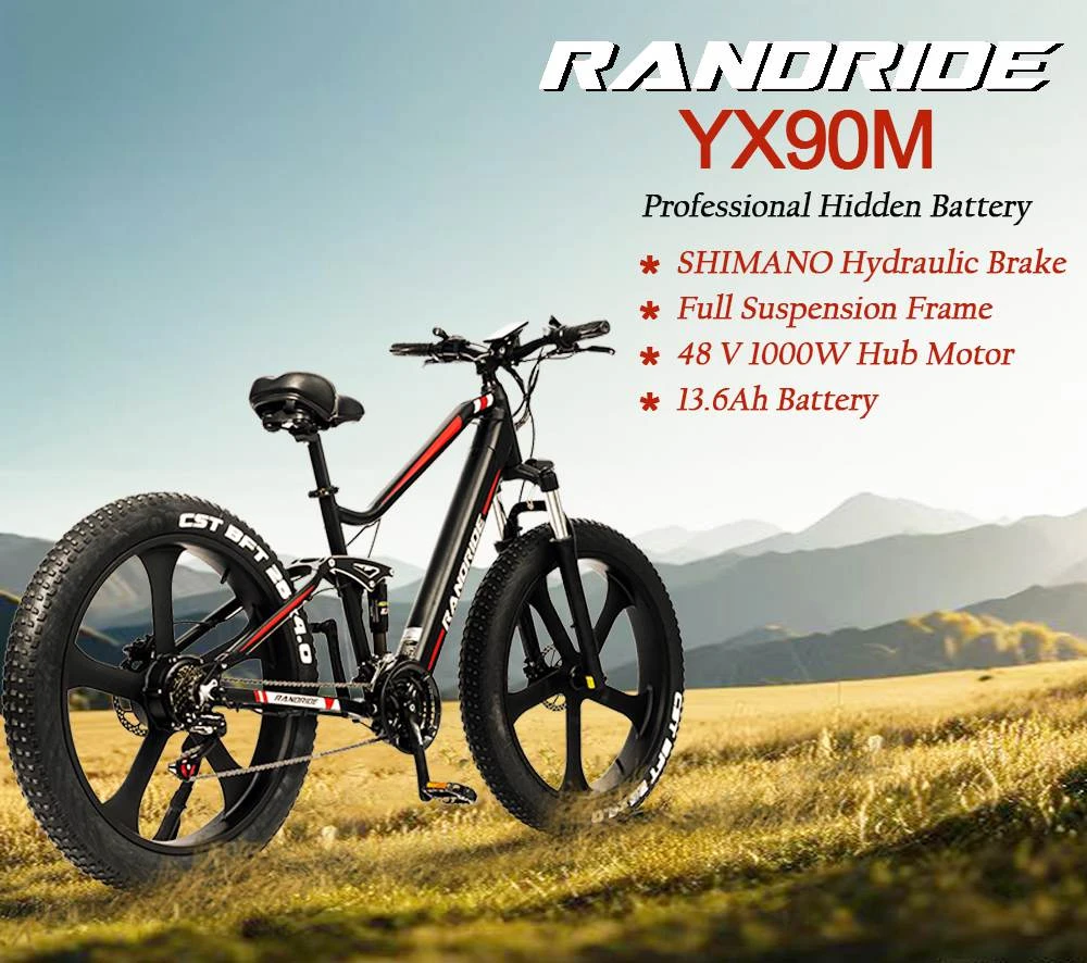 RANDRIDE YX90M Elektrofahrrad, 26-Zoll-Fat-Reifen, bürstenloser 1000-W-Motor, 48-V-13,6-Ah-Akku, 45 km/h Höchstgeschwindigkeit, 100 km Reichweite, LCD-Display, hydraulische SHIMANO-Bremse, vollgefederter Rahmen