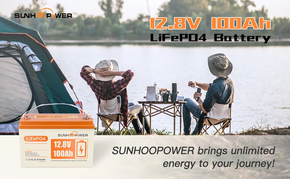 SUNHOOPOWER 12V 100Ah LiFePO4 Battery, 1280Wh Energy, Built-in 100A BMS, Max.1280W Load Power, Max. 100A Charge/Discharge, IP68 Waterproof