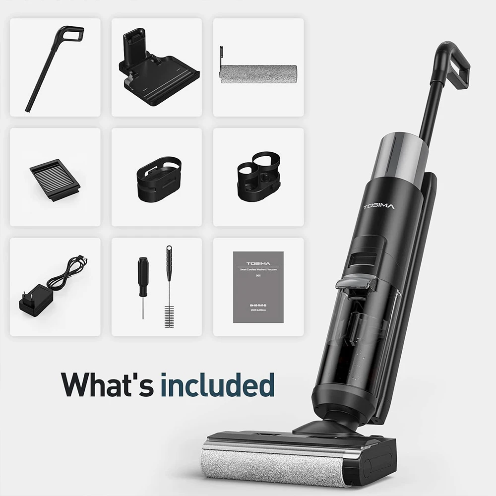 TOSIMA H1 Cordless Wet Dry Vaccum Cleaner, 4000mAh 21.9V Li-ion Battery, 860ml Water Tank, 35mins Running Time, One Button Self-Cleaning, Black