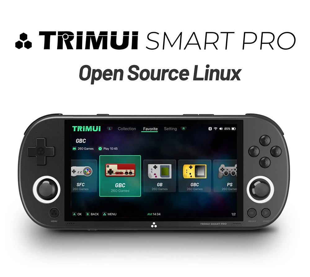 Consola de juegos portátil TRIMUI Smart Pro, pantalla IPS de 4,96 pulgadas, sistema operativo Linux, 1 GB de RAM, 8 GB de almacenamiento, tarjeta TF de 64 GB, 5 horas de tiempo de juego, color negro