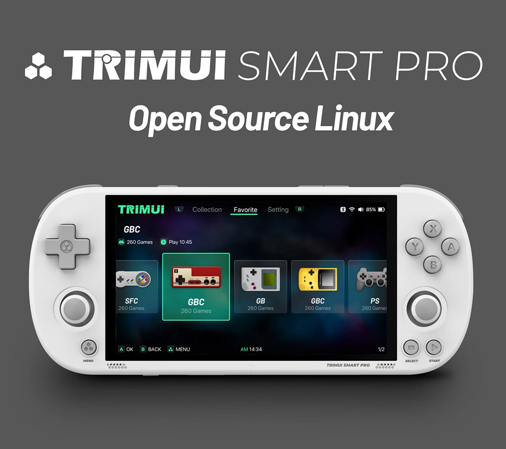 Consola de juegos portátil TRIMUI Smart Pro, pantalla IPS de 4,96 pulgadas, sistema operativo Linux, 1 GB de RAM, 8 GB de almacenamiento, tarjeta TF de 64 GB, 5 horas de tiempo de juego, color negro