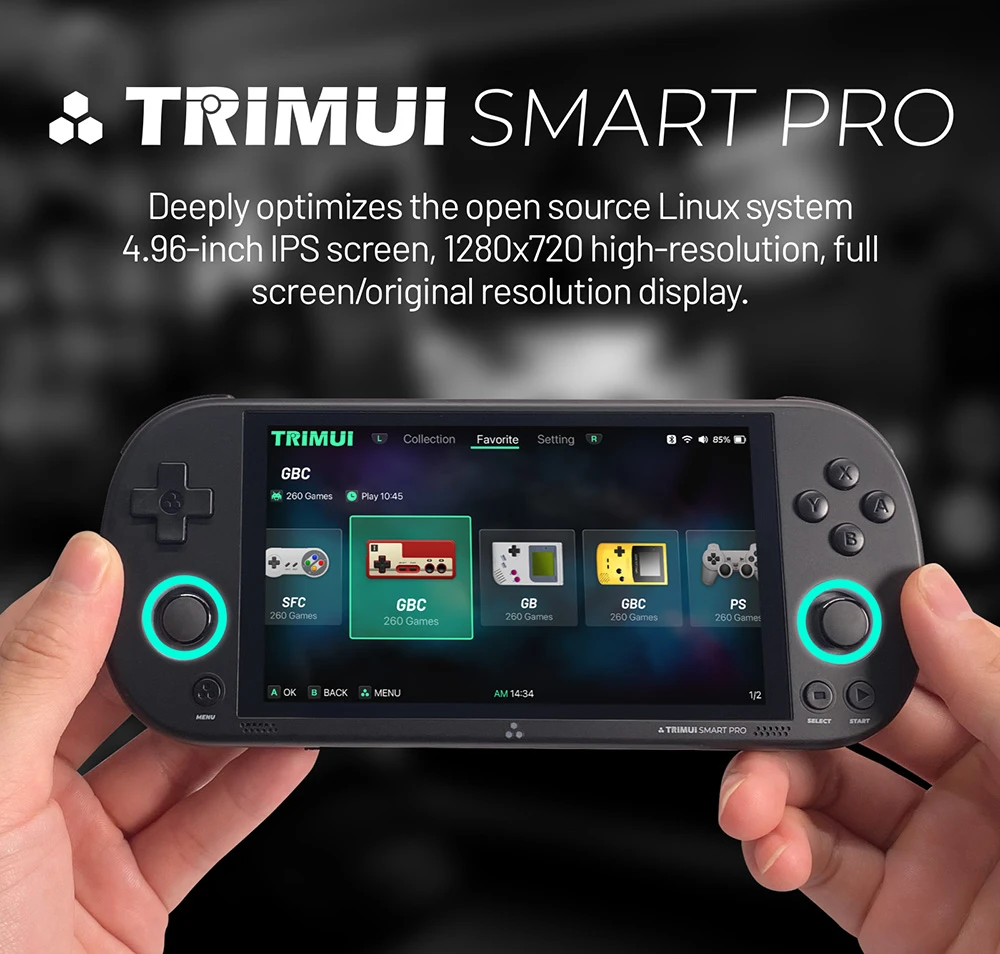 Console de jeu portable TRIMUI Smart Pro, écran IPS de 4,96 pouces, système d'exploitation Linux, 1 Go de RAM, 8 Go de stockage, carte TF de 64 Go, 5 heures de lecture - Noir