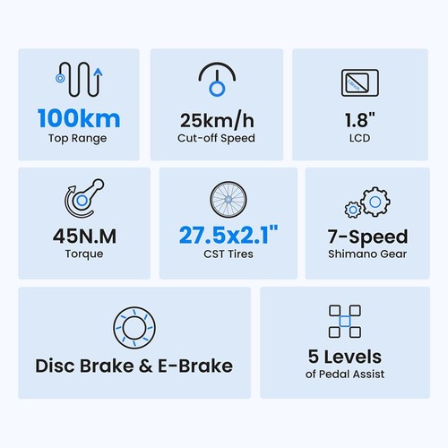 Tourol J1 tūrisma velosipēds ar 250 W motoru, 27,5 collu riteņiem, 561,6 Wh akumulatoru, 100 km darbības rādiusu, mehānisko disku bremzi un elektronisko bremzi (melnā krāsā)