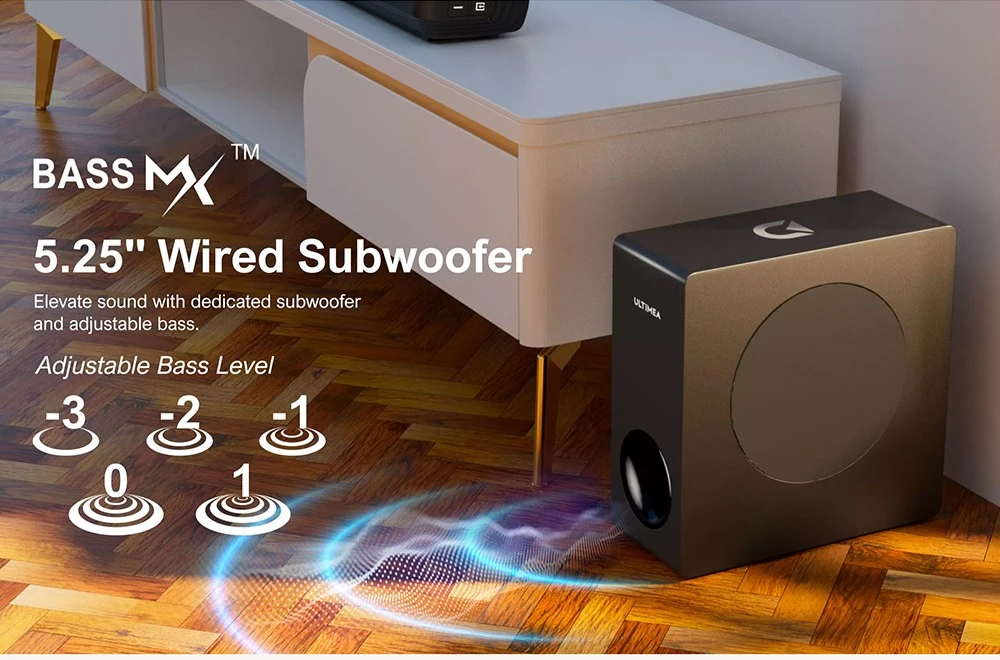 Barre de son amovible Ultimea Apollo S50 4.1 canaux avec caisson de basses, Bluetooth 5.3, niveau de basses réglable, 3 modes d'égalisation