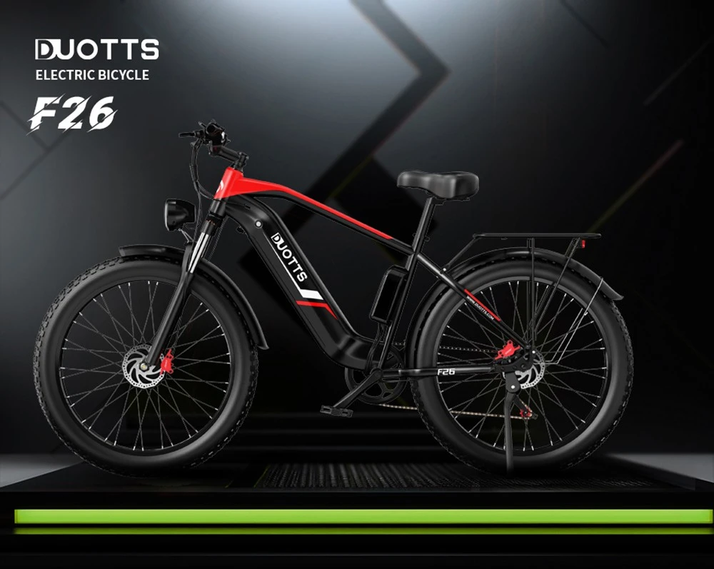 Bicicletă electrică de munte DUOTTS F26 750W*2 motoare duble 48V 20Ah Baterie 26*4.0 inci Anvelope grase 55 km/h Viteză maximă 55 grade Urcare Smart Color Display Frâne duble cu disc Absorbție șoc 150 kg Sarcină maximă 100 km - negru
