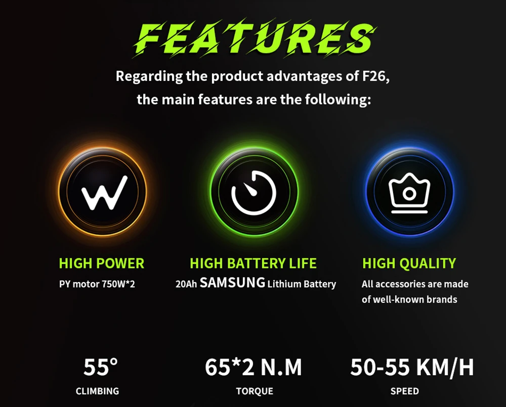 Bicicletă electrică de munte DUOTTS F26 750W*2 motoare duble 48V 20Ah Baterie 26*4.0 inci Anvelope grase 55 km/h Viteză maximă 55 grade Urcare Smart Color Display Frâne duble cu disc Absorbție șoc 150 kg Sarcină maximă 100 km - negru