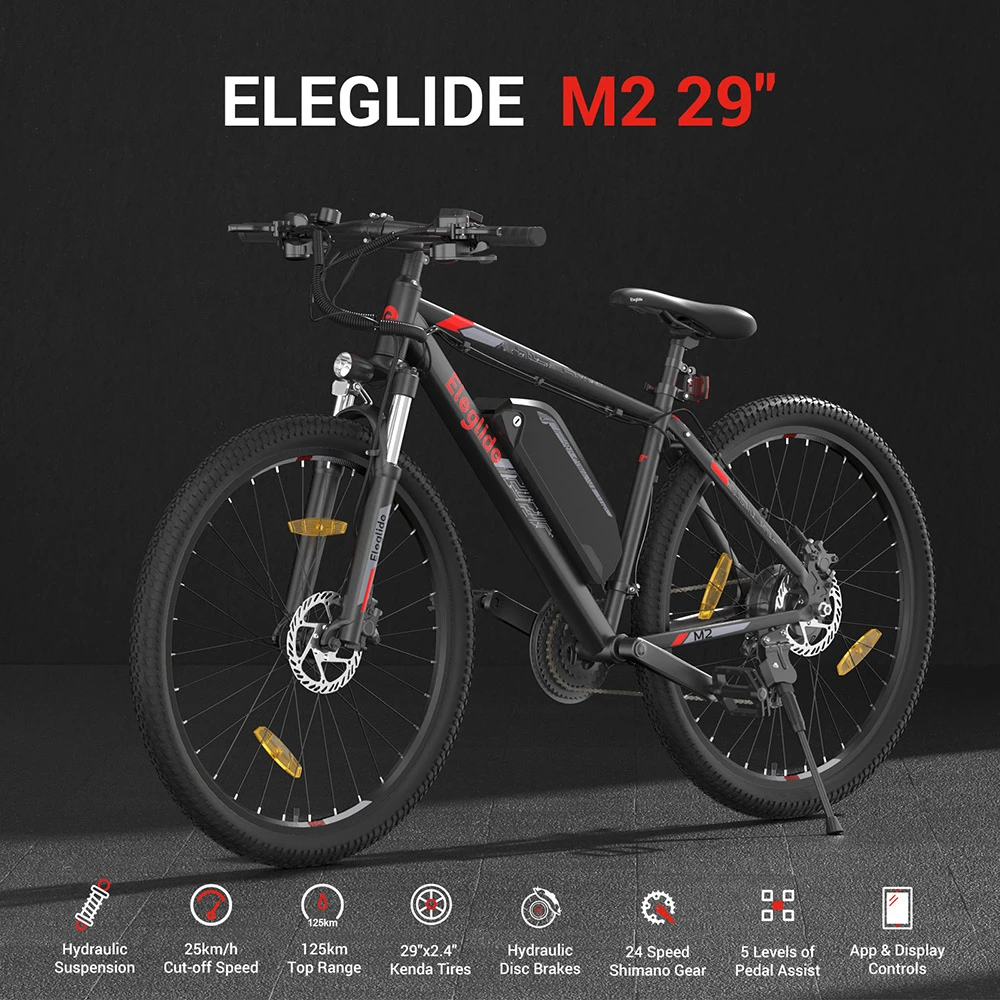Eleglide M2 29” Electric Moped Bike 250W Motor 36V 15Ah Battery 125km Max Range Hydraulic Disc Brakes Smart LCD Display Smart App, Premium Suspension with Lockout, 24 Gears - Black