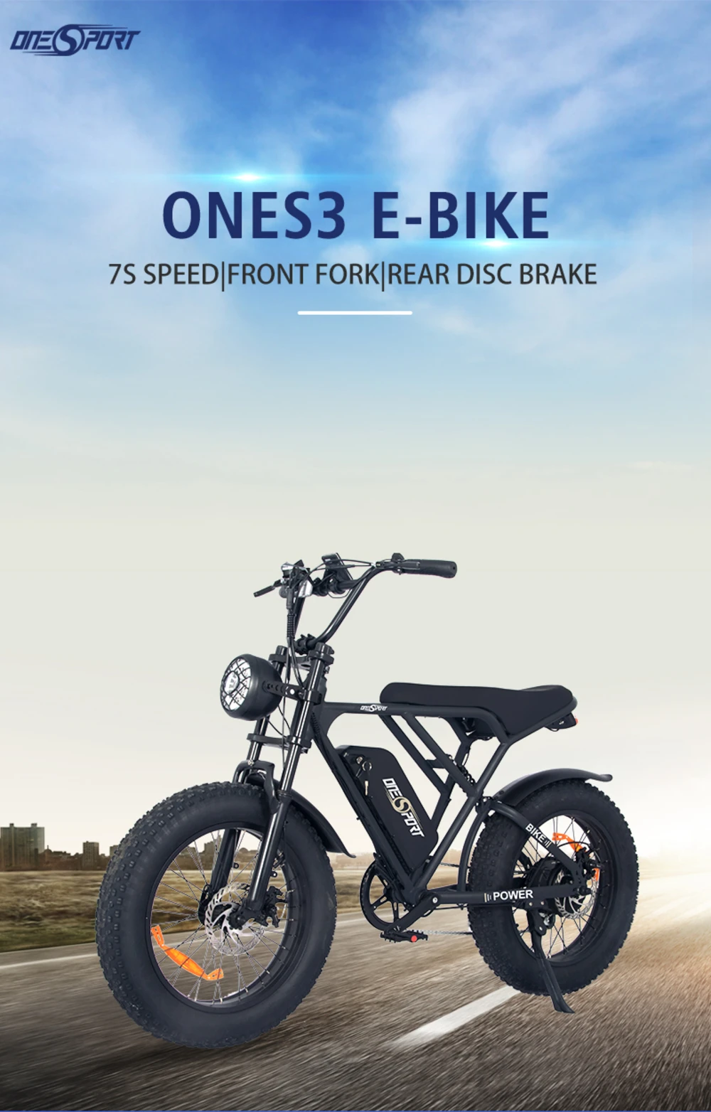 ONESPORT ONES3 20*4.0 inch Fat Tire Electric Bike 500W Motor 48V 15Ah Battery, Liquid LCD Display Shimano 7 Speed Max 50km range Disc Brakes - Black