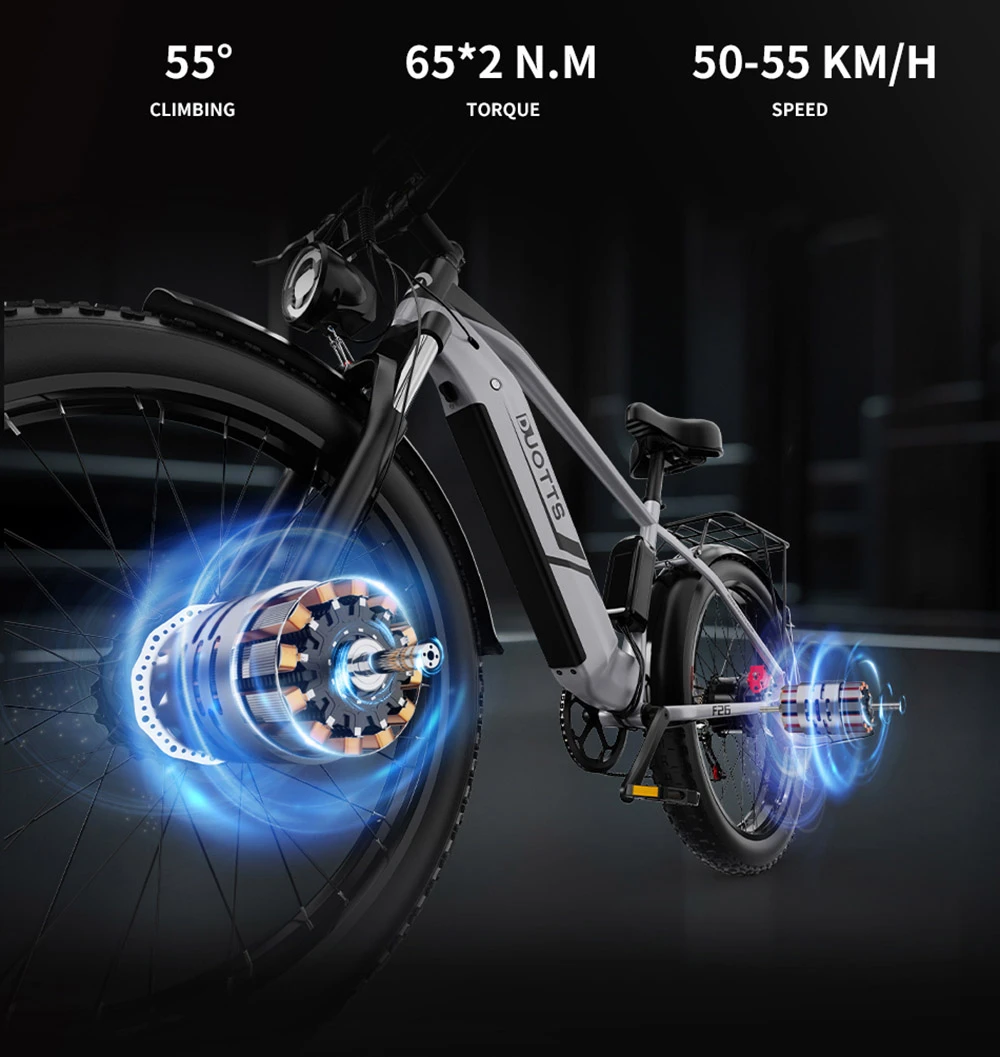 DUOTTS F26 Electric Mountain Bike 750W*2 Dual Motors 48V 20Ah Battery 26*4.0 Inch Fat Tires 55Km/h Max Speed 55 Degree Climbing Smart Color Display Dual Disc Brakes Front Shock Absorption 150KG Max Load 100KM Range - Silver