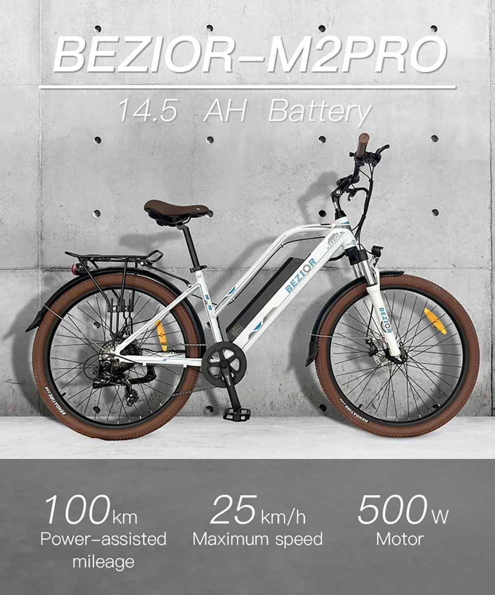 Bezior M2 Pro Electric Moped Bike 500W Motor 100km Range 14.5Ah Battery 26*2.125'' Wheels 25km/h Max Speed - White