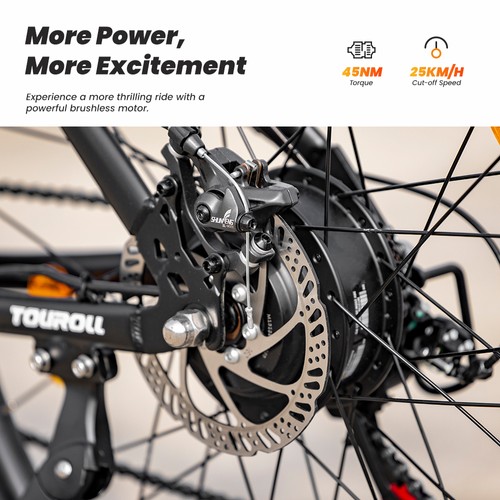 Tourol U1 26 collu bezceļu riepas elektriskais MTB velosipēds ar 250 W motoru, 36 V 13 Ah noņemamu akumulatoru, maksimālais darbības rādiuss 65 km, Shimano 21 ātruma piedziņa Shimano 21 ātruma disku bremze IPX4 ūdensizturīgs — melns