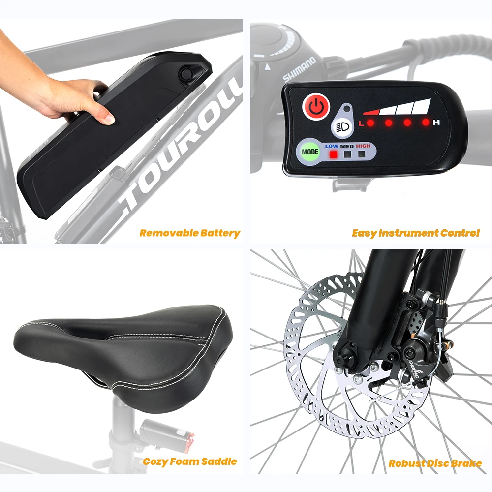 Touroll U1 26-inch Off-Road Tire Electric MTB Bicicletă cu 250W Motor, 36V 13Ah Baterie detașabilă, Max 65km Range, Shimano 21-speed Gear Shimano 21-Speed Disc Brake IPX4 rezistent la apă - Negru