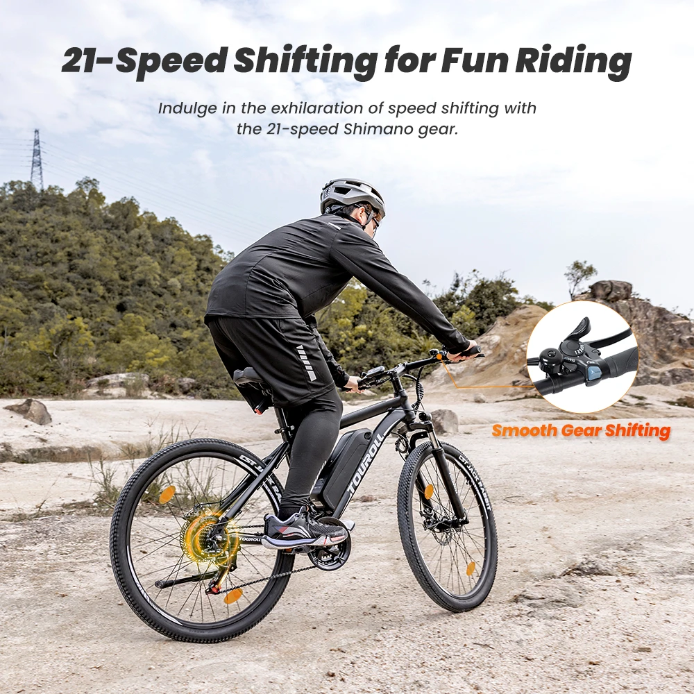 Touroll U1 26-inch Off-Road Tire Electric MTB Bicicletă cu 250W Motor, 36V 13Ah Baterie detașabilă, Max 65km Range, Shimano 21-speed Gear Shimano 21-Speed Disc Brake IPX4 rezistent la apă - Negru