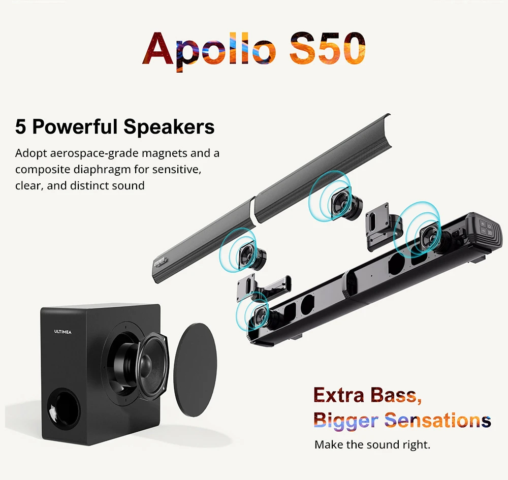 Barre de son amovible Ultimea Apollo S50 avec caisson de basses, Bluetooth 5.3, niveau de basses réglable, 3 modes d'égalisation