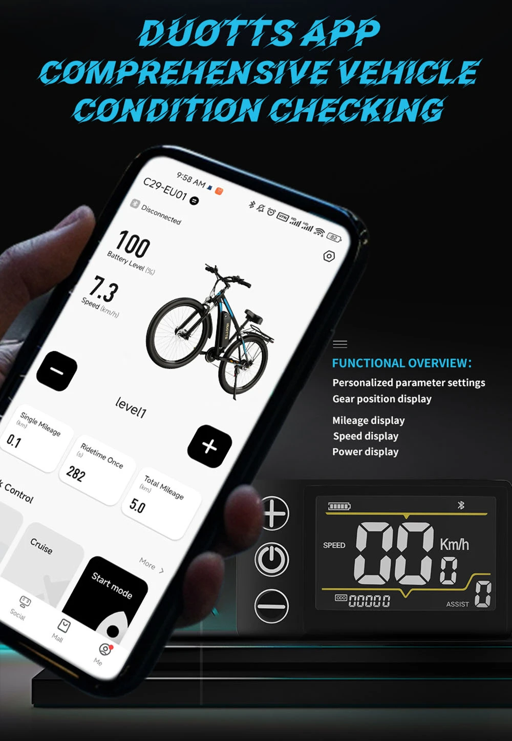 DUOTTS C29 Electric Bike 750W 29*2.1 inch Wheel 48V 15Ah Battery 50km Range 50km/h Max Speed Shimano 21 Speed Gear Electric Mountain Bike with Rear Rack IP54 Waterproof Smart APP - Black