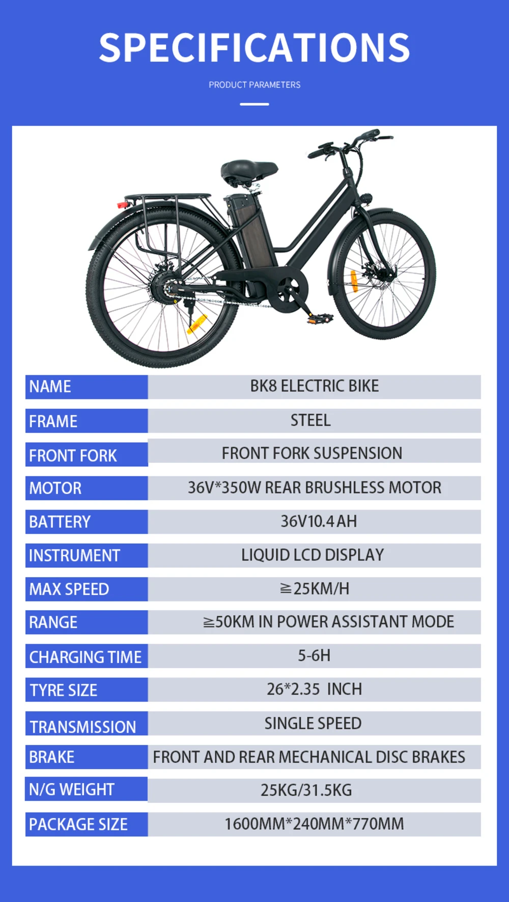 ONESPORT BK8 26 inch Electric Bike 36V 10.4Ah Battery 350W Motor 25km/h 50KM Max Mileage 120KG Max Load Disc Brake - Black