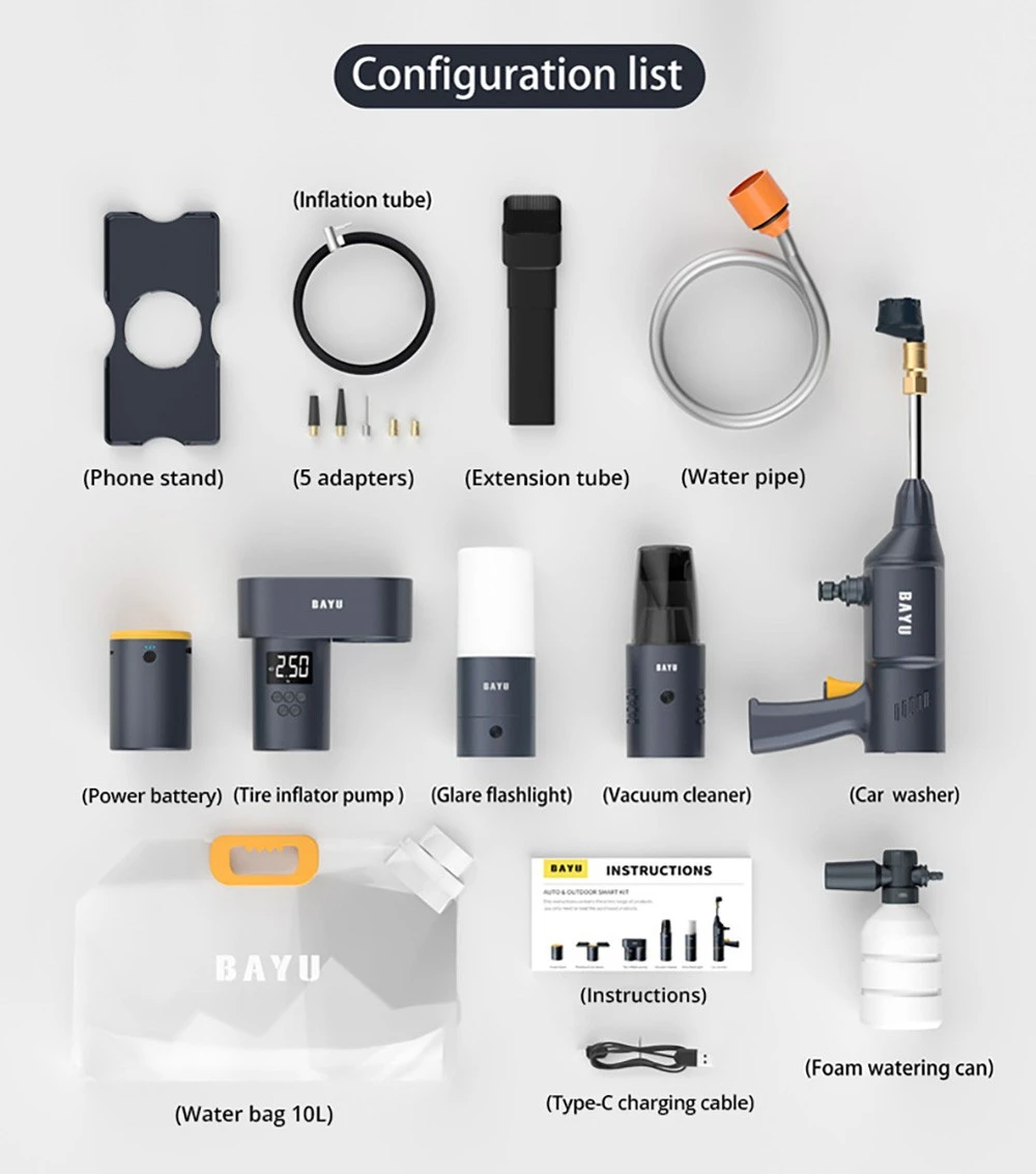 BAYU Auto & Outdoor Smart Kit (19200mah Power Bank, Tire Inflator, Vacuum Cleaner, Car Washer, Flashlight, Mobile Phone Holder)