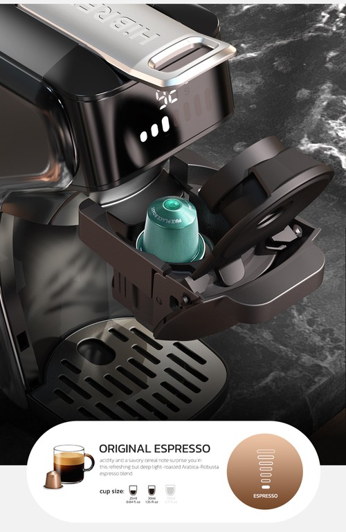 HiBREW H1B coffee maker with 5 in 1 pads, 600 ml water tank, 19 bar extraction pressure, cold/hot mode, LED indicator, for Kcup*/Nes*/DG*/espresso powder, black