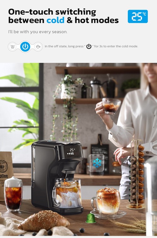 HiBREW H1B coffee maker with 5 in 1 pads, 600 ml water tank, 19 bar extraction pressure, cold/hot mode, LED indicator, for Kcup*/Nes*/DG*/espresso powder, black