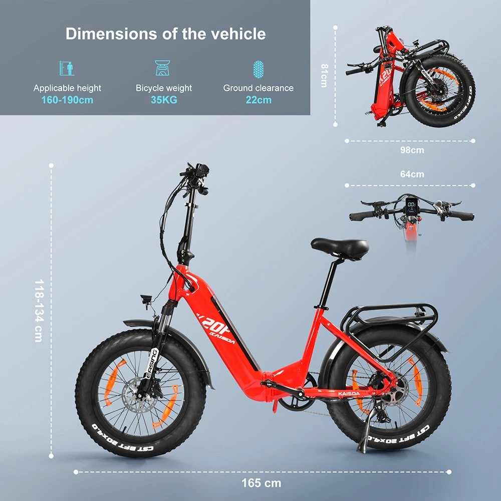 KAISDA K20F Electric Bike, 25OW Motor, 36V 25Ah Battery, 20*4.0-inch Tires, 25km/h Max Speed, 80-120km Range, SHIMAN0 7-Speed - Red