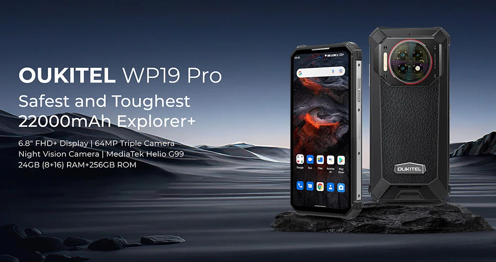 OUKITEL WP19 Pro Rugged Phone, 6.8' FHD Screen, 64MP AI Camera, 20MP Night Vision, 22000mAh Battery, 33W Fast Charge, 24GB RAM+256GB ROM, IP68 & IP69K, NFC & Google Pay