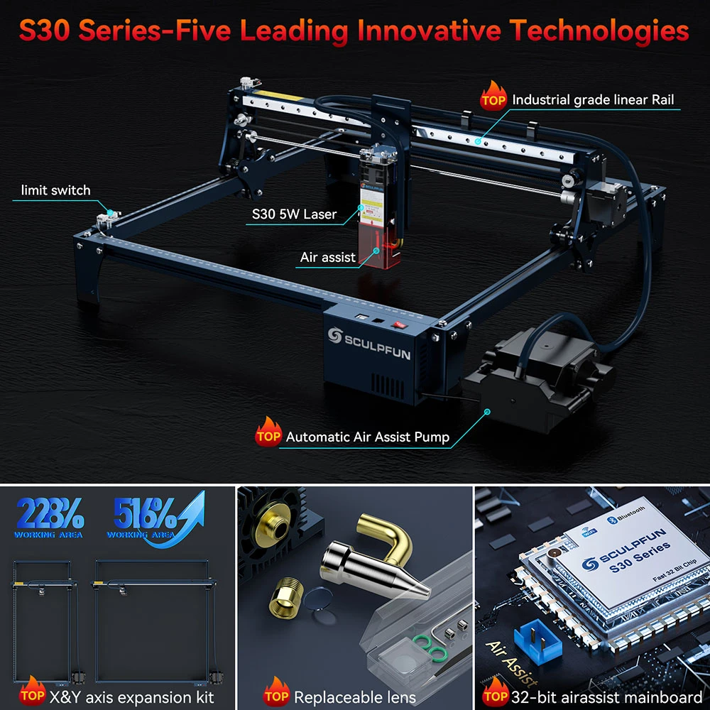 SCULPFUN S30 5W Laser Engraver Cutter, Automatic Air-assist, Replaceable Lens, 32-bit Motherboard, 410x400mm