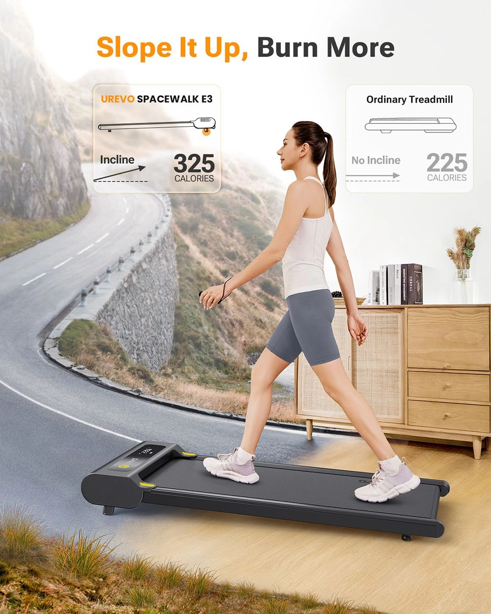 UREVO E3S Walking Treadmill with Incline, Quiet 2.25 HP Motor, LED Display, Remote Control, 0.9-6.4 kmph Speed, 265lbs/120kg Weight Capacity