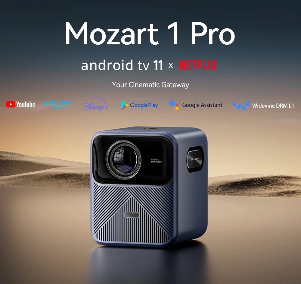 Wanbo Mozart 1 Pro LCD-projektor, 900 ANSI, Native 1080P, Android TV 11, Autofokus, Objektundgåelse - EU-stik