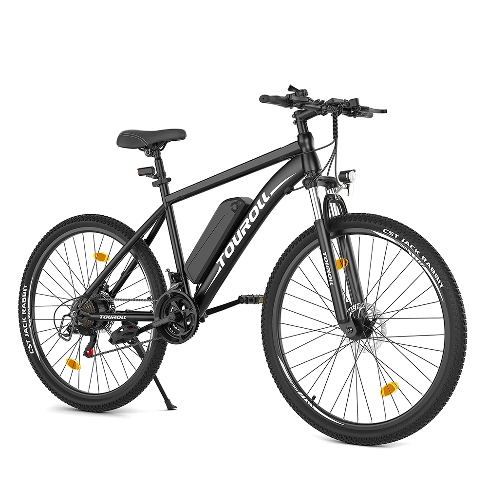 Vélo VTT électrique tout-terrain Touroll U1 26 pouces avec moteur 250 W, batterie amovible 36 V 13 Ah, autonomie maximale de 65 km, transmission Shimano 21 vitesses, frein à disque Shimano 21 vitesses, étanchéité IPX4 - Noir