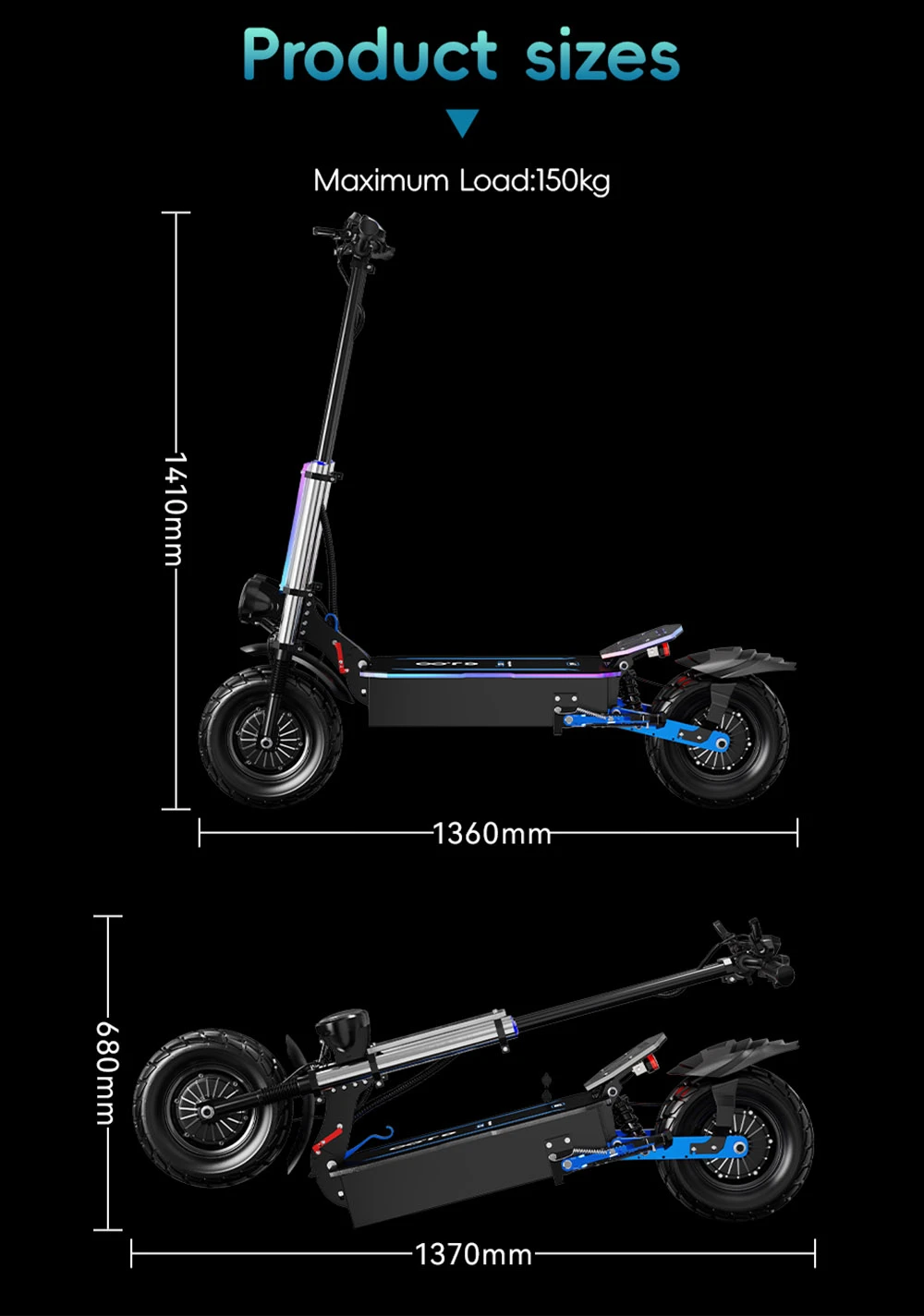 OOTD D99 Off-Road Electric Scooter 13 Inch Tires 3000W*2 Dual Motors 85Km/h Max Speed 60V 40Ah Battery Max 120KM Range 150KG Max Load Dual Shock Absorption with Turn Signal Lights Front & Rear Hydraulic Brake Oil Brake - Black