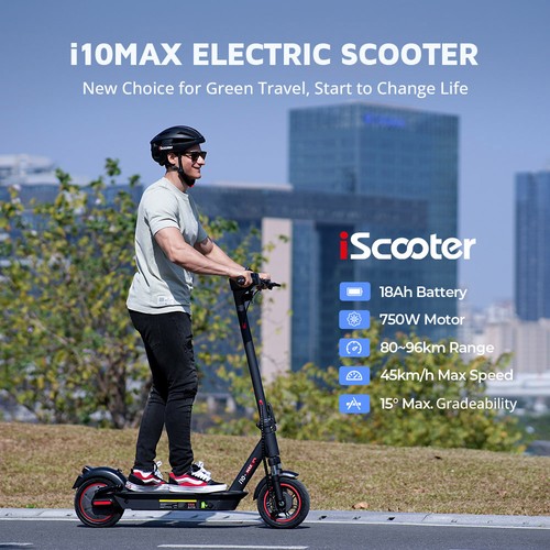 iScooter i10Max Electric Scooter, 750W Motor, 48V 18Ah Battery, 10 inches Pneumatic Tire, 45km/h Max Speed, 80km Range, IP54 Waterproof, Front and Rear Suspension, App Control