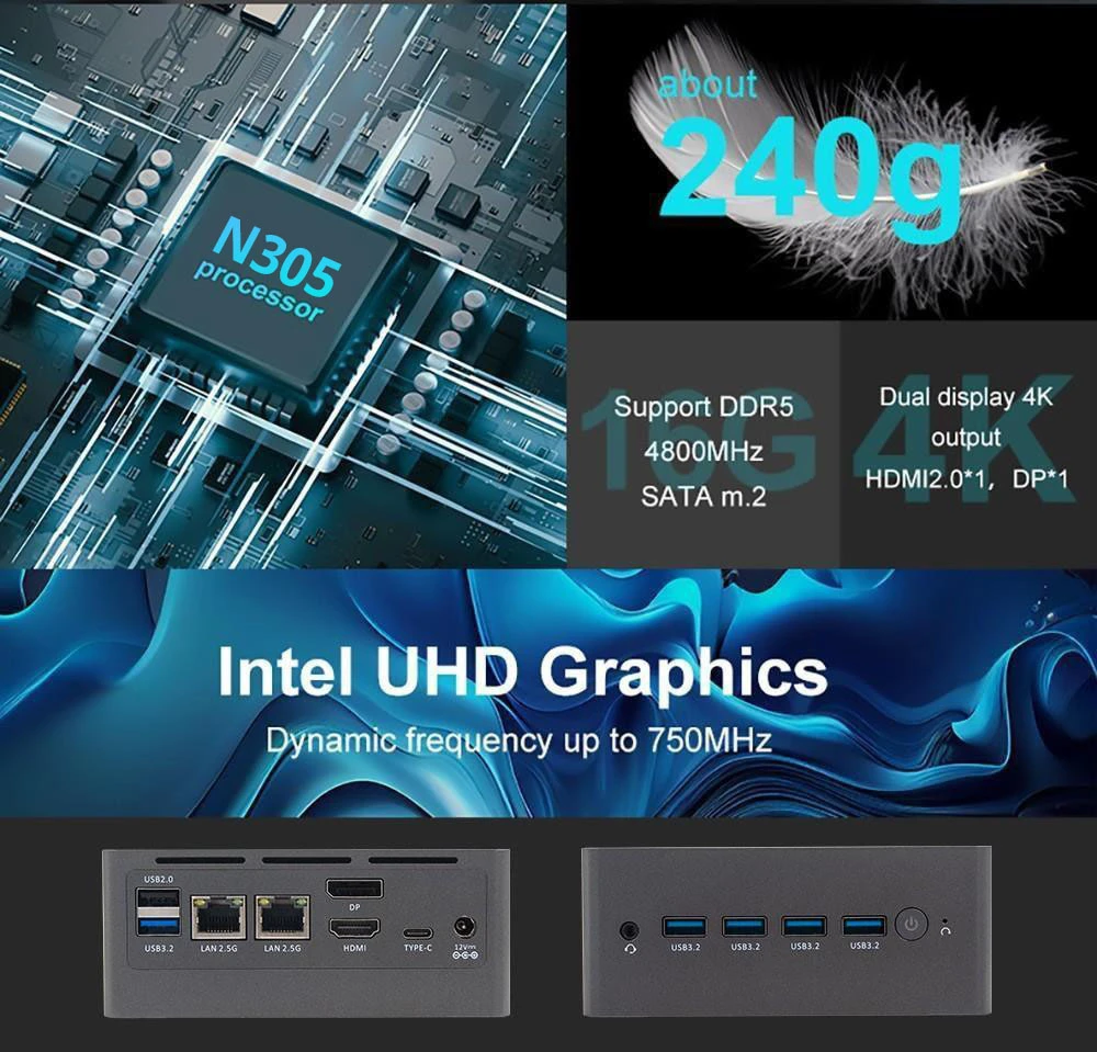 N9N Pro Mini PC, Intel Core i3-N305 4 Cores Up to 3.40GHz, 16GB RAM 512GB SSD, 1*HDMI+1*DP 4K Dual Display, WiFi 5 Bluetooth 4.2, 5*USB3.2 1*USB2.0 1*Tpye-C 2*RJ45 1*Audio Jack - EU
